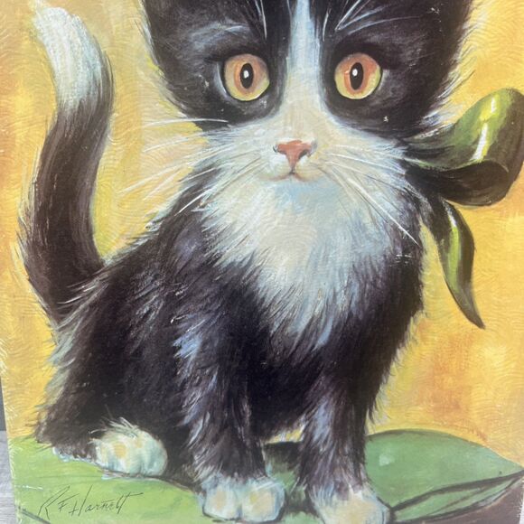 Tuxedo Black White Cat Green Ribbon 8x10 RF Harnett Litho in USA - Picture 3 of 12